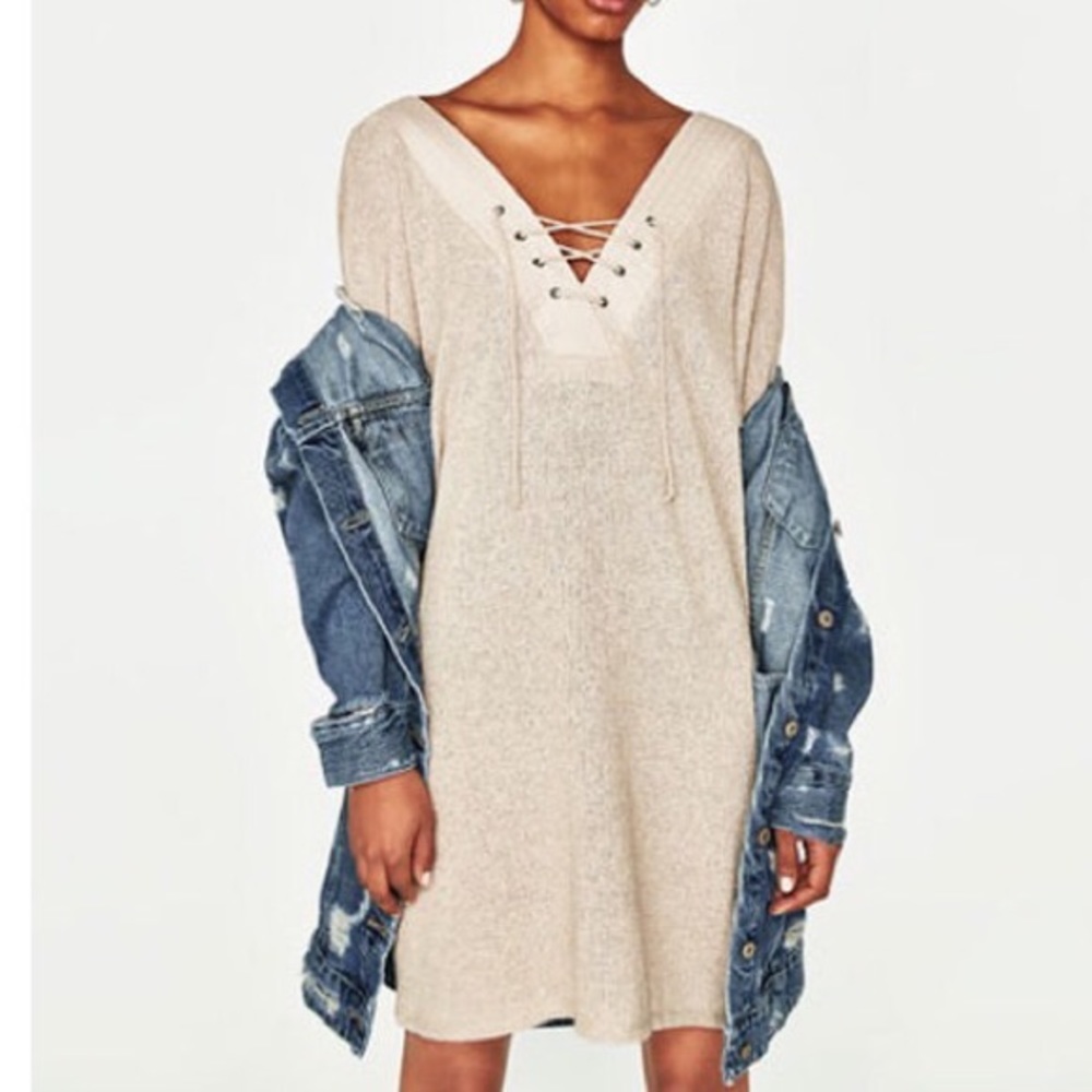 ZARA Beige Lace Up Front Dress V- Neck Short Sleeves Mini